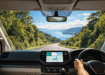 Suasana perjalanan darat menggunakan transportasi Medan ke Danau Toba yang menyuguhkan pemandangan asri.