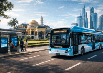 Armada bus listrik modern sebagai pilar utama Transportasi Publik Medan yang ramah lingkungan di pusat kota.