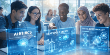 Mahasiswa sedang mempelajari kurikulum Jurusan Kuliah Masa Depan yang fokus pada inovasi teknologi dan solusi berkelanjutan.