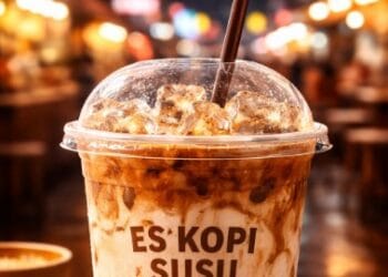 Segelas es kopi susu gula aren kekinian dengan lapisan susu dan kopi yang estetik.