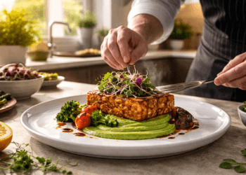 Ilustrasi tren kuliner sehat tahun 2026 yang menggabungkan inovasi menu diet nabati dengan teknologi bisnis modern.