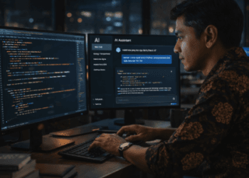 Infografis trik rancang perangkat lunak cerdas kilat yang menampilkan pekerja menerapkan jurus tulis kode program pakai mesin.