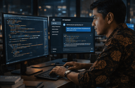 Infografis trik rancang perangkat lunak cerdas kilat yang menampilkan pekerja menerapkan jurus tulis kode program pakai mesin.