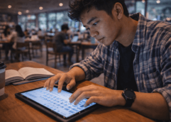 Infografis trik pasang program rangkuman kampus yang menampilkan mahasiswa memakai perangkat penyimpan materi kelas maya.