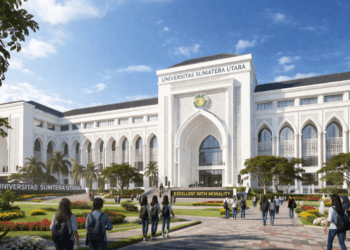 Foto gedung sekolah tinggi swasta Kota Medan megah memancarkan semangat belajar penuntut ilmu.