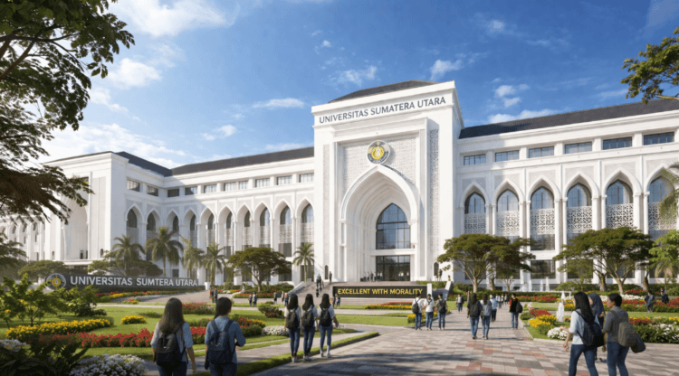 Foto gedung sekolah tinggi swasta Kota Medan megah memancarkan semangat belajar penuntut ilmu.