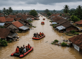 Pemandangan udara permukiman warga di Kabupaten Demak yang terendam banjir akibat jebolnya tanggul sungai.