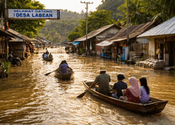 Situasi terkini di Desa Labean, Kabupaten Donggala, di mana warga menggunakan perahu kayu kecil untuk melintasi jalan desa yang terendam banjir.