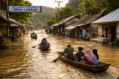 Situasi terkini di Desa Labean, Kabupaten Donggala, di mana warga menggunakan perahu kayu kecil untuk melintasi jalan desa yang terendam banjir.