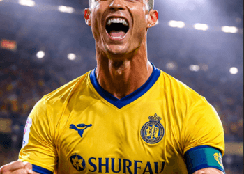 Selebrasi gol Cristiano Ronaldo untuk Al Nassr di Liga Arab Saudi.