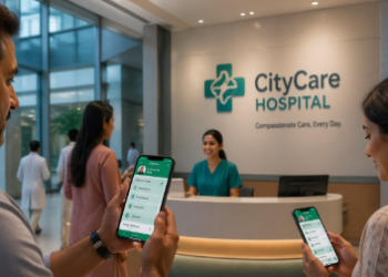 Foto ruang lobi balai pengobatan megah memancarkan kenyamanan pasien jaminan kesehatan nasional,