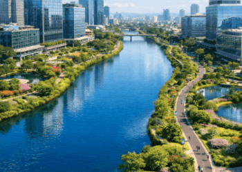 Peta visual Visi Medan Lingkungan Biru-Hijau 2026 yang menampilkan keseimbangan antara pembangunan fisik dengan kelestarian ekosistem air.