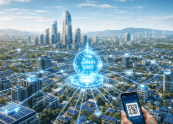 Peta visual infrastruktur Medan Mandiri Energi yang menghubungkan seluruh gedung dengan jaringan listrik pintar yang sangat efisien.