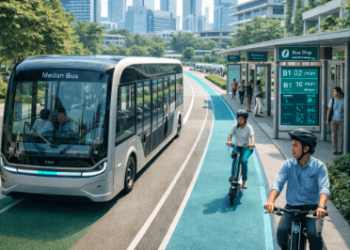 Implementasi sistem Medan Mobilitas Cerdas dengan pengoperasian armada bus listrik otonom di pusat kota.