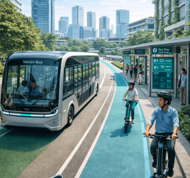 Implementasi sistem Medan Mobilitas Cerdas dengan pengoperasian armada bus listrik otonom di pusat kota.