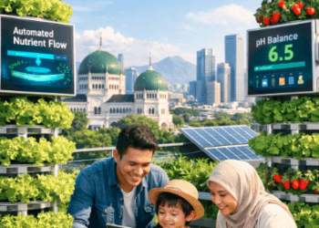 Penerapan sistem Medan Pangan Mandiri melalui teknologi pertanian vertikal di atas atap gedung pusat kota.