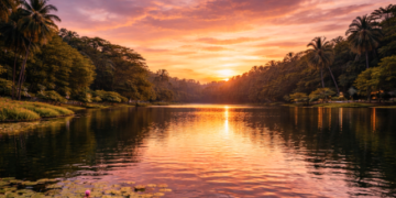 Pemandangan langit senja yang memukau saat Anda berkunjung ke Danau Martubung Medan.