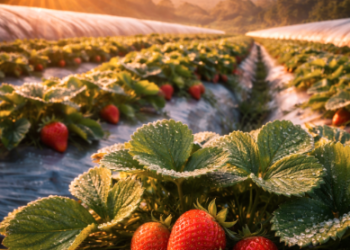 Suasana pagi hari yang merupakan waktu terbaik ke kebun stroberi Berastagi agar mendapatkan buah segar.