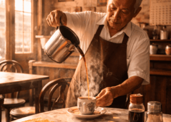 Suasana autentik di salah satu Warisan Kedai Kopi Medan yang menyajikan kopi susu tradisional dan roti bakar.