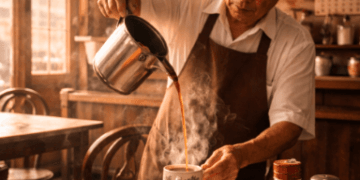 Suasana autentik di salah satu Warisan Kedai Kopi Medan yang menyajikan kopi susu tradisional dan roti bakar.