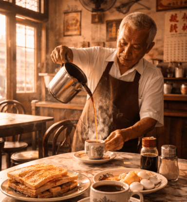 Suasana autentik di salah satu Warisan Kedai Kopi Medan yang menyajikan kopi susu tradisional dan roti bakar.