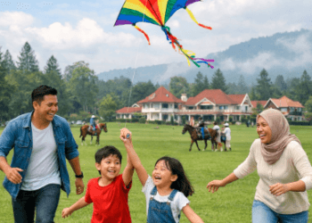 Keluarga sedang menikmati momen wisata anak di Berastagi dengan bermain layang-layang di lapangan rumput yang luas.