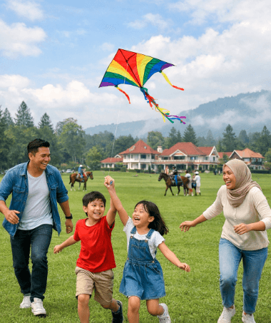 Keluarga sedang menikmati momen wisata anak di Berastagi dengan bermain layang-layang di lapangan rumput yang luas.