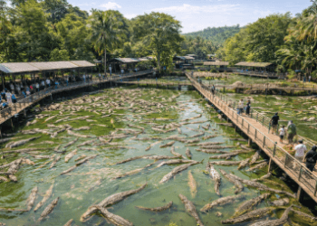 Pemandangan ribuan reptil di Taman Buaya Asam Kumbang, penangkaran buaya terbesar di Medan dan Asia Tenggara.