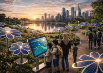 Pengunjung sedang menikmati fasilitas Wisata Energi Medan yang menggabungkan keindahan taman kota dengan teknologi pembangkit listrik bersih.