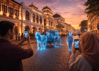 Wisatawan sedang menikmati pengalaman Wisata Heritage Medan yang interaktif menggunakan teknologi ponsel pintar di kawasan Kesawan.