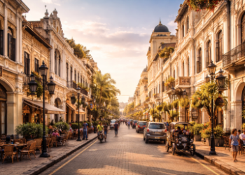 Pemandangan deretan bangunan tua yang megah di Kawasan Kesawan Medan.