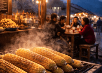 Aktivitas wisata kuliner Berastagi menikmati jagung bakar hangat di tengah udara malam yang dingin dan berkabut.