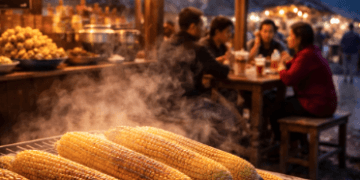 Aktivitas wisata kuliner Berastagi menikmati jagung bakar hangat di tengah udara malam yang dingin dan berkabut.