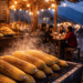 Aktivitas wisata kuliner Berastagi menikmati jagung bakar hangat di tengah udara malam yang dingin dan berkabut.