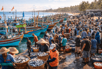 Kesibukan nelayan menurunkan hasil laut di dermaga Pantai Sialang Buah Sergai, pusat belanja seafood terbaik dekat Medan.