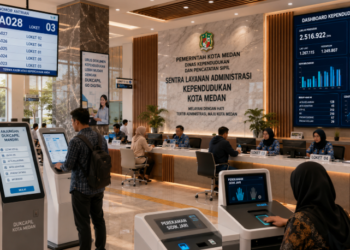 Dashboard interaktif Administrasi Kependudukan Medan yang menampilkan sistem pengelolaan identitas real-time untuk mendukung percepatan layanan warga kota Medan.