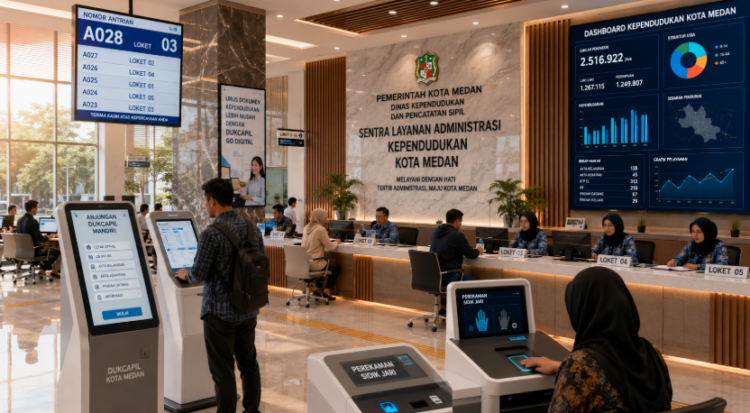 Dashboard interaktif Administrasi Kependudukan Medan yang menampilkan sistem pengelolaan identitas real-time untuk mendukung percepatan layanan warga kota Medan.