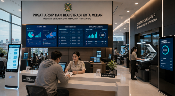 Dashboard interaktif Arsip Digital Medan yang menampilkan sistem pengelolaan dokumen real-time untuk mendukung efisiensi kearsipan warga kota Medan.