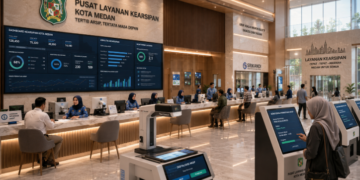 Dashboard interaktif Arsip Dokumen Medan yang menampilkan sistem pengelolaan data real-time untuk mendukung percepatan layanan kearsipan warga kota Medan.