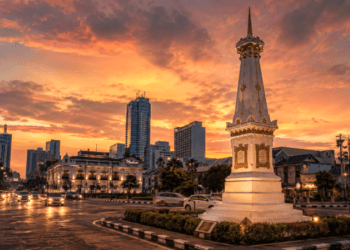 A professional cinematic shot of a classic historical monument in Medan with a blend of modern skyscrapers pimpinan sepia and color mixed tones pimpinan background of a vibrant sunset pimpinan wide angle view pimpinan photorealistic pimpinan 8k resolution.