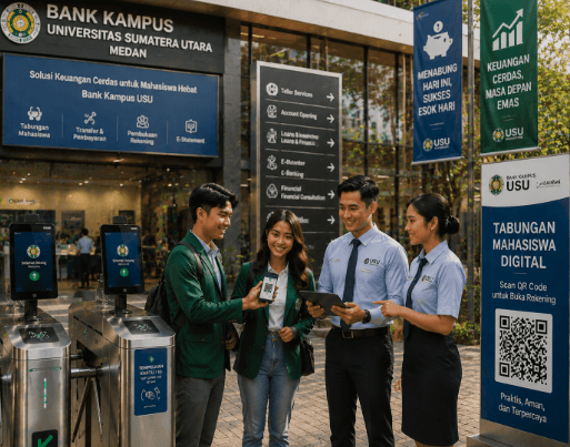 Optimalisasi fungsi Bank Kampus Medan melalui penyediaan sistem pembayaran pendaftaran e-registrasi maba elektronik guna meningkatkan efisiensi tata kelola penyediaan sarana unit layanan transaksi keuangan mahasiswa higienis di kawasan lingkungan perguruan tinggi pimpinan.
