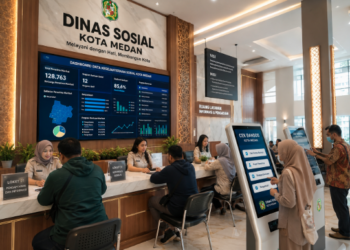 Dashboard interaktif Bantuan Sosial Medan yang menampilkan sistem pemantauan distribusi bantuan real-time untuk mendukung efisiensi layanan kesejahteraan warga kota Medan.