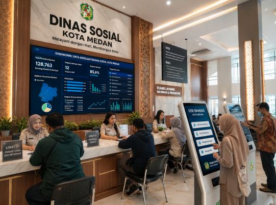 Dashboard interaktif Bantuan Sosial Medan yang menampilkan sistem pemantauan distribusi bantuan real-time untuk mendukung efisiensi layanan kesejahteraan warga kota Medan.