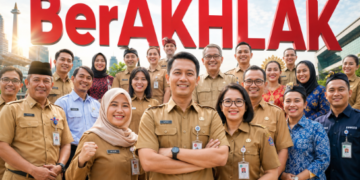 Poster sosialisasi Budaya Kerja BerAKHLAK yang mencakup orientasi pelayanan, akuntabel, kompeten, harmonis, loyal, adaptif, dan kolaboratif bagi ASN pimpinan.