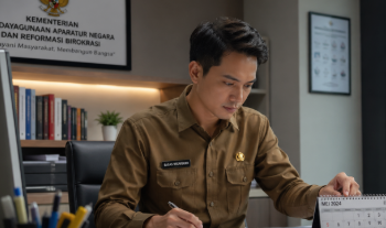 Foto pegawai pemerintah yang fokus menghitung durasi masa pengabdian menggunakan kalender dan dokumen resmi di atas meja kerja,