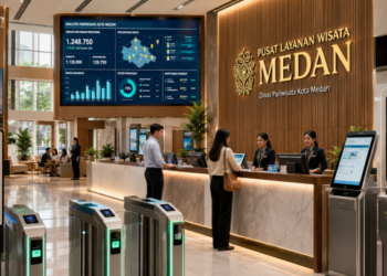 Dashboard interaktif Destinasi Wisata Medan yang menampilkan sistem pemantauan kunjungan real-time untuk mendukung efisiensi layanan wisata warga kota Medan.