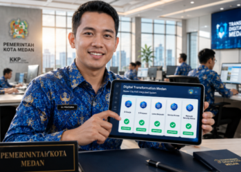 Aparatur Sipil Negara Pemerintah Kota Medan menggunakan aplikasi kepegawaian terintegrasi pada tablet guna mendukung percepatan Digitalisasi ASN Medan dalam pelayanan publik pimpinan.