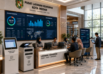 Dashboard interaktif Digitalisasi Arsip Medan yang menampilkan sistem pemantauan data dokumen real-time untuk mendukung efisiensi administrasi kota Medan.