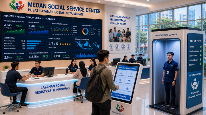 A professional cinematic shot of a modern city social service center in Medan with high-tech benefit registration kiosks and smart welfare scanners near a bright clean social service desk with digital welfare analytics displays pimpinan professional social staff in uniform pimpinan applicants checking digital monitoring progress on screens pimpinan bright morning tactical atmosphere pimpinan photorealistic pimpinan 8k resolution.