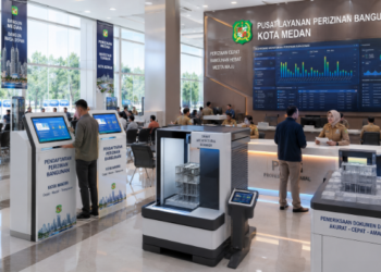 Dashboard interaktif Digitalisasi Izin Bangunan Medan yang menampilkan sistem pemantauan data konstruksi real-time untuk mendukung efisiensi tata ruang kota Medan.